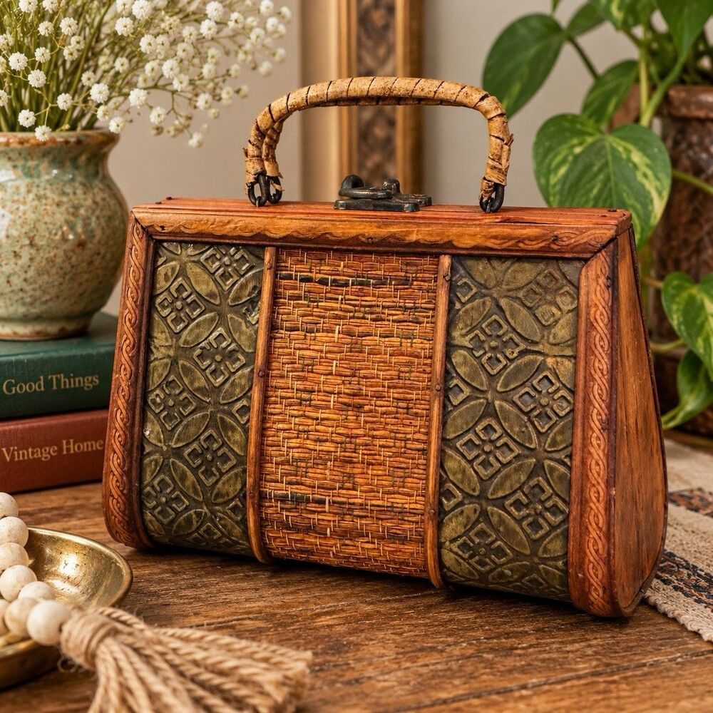 Vintage Carved Wood Metal Woven Handbag Purse Boho Folk Art Artisan Box Bag